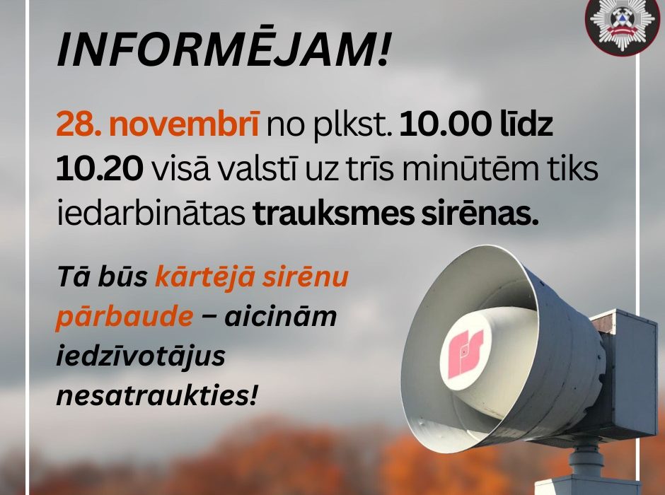 VUGD 28. novembrī veiks trauksmes sirēnu pārbaudi